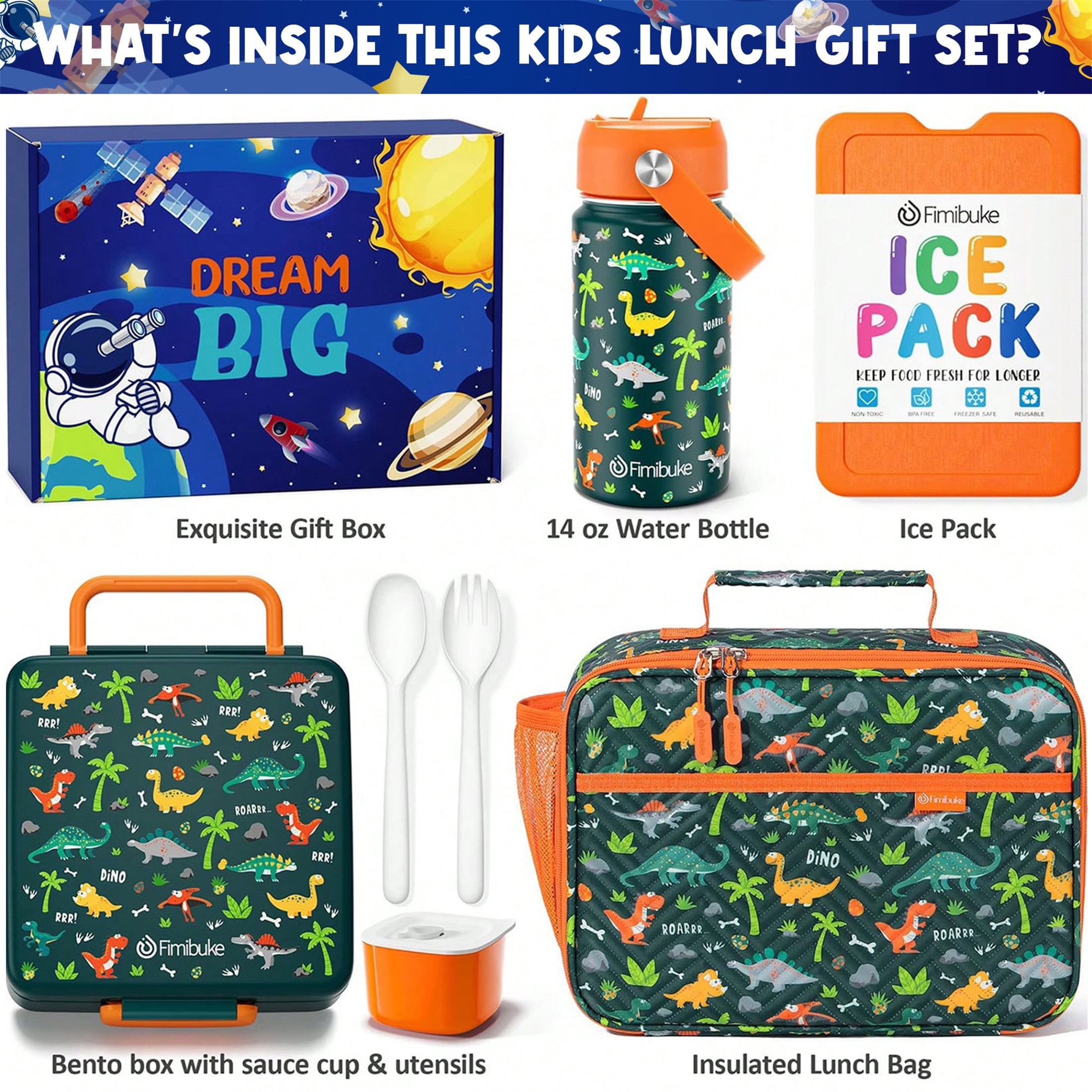 Bento Lunch Box with 4 Compartments, Insulated lunch Bag, 14oz Stainless Steel Water Bottle, Ice Pack, Utensils Set (Green Dinosaur)