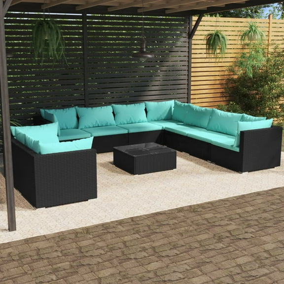 vidaXL 10 Piece Patio Lounge Set with Cushions Black Poly Rattan