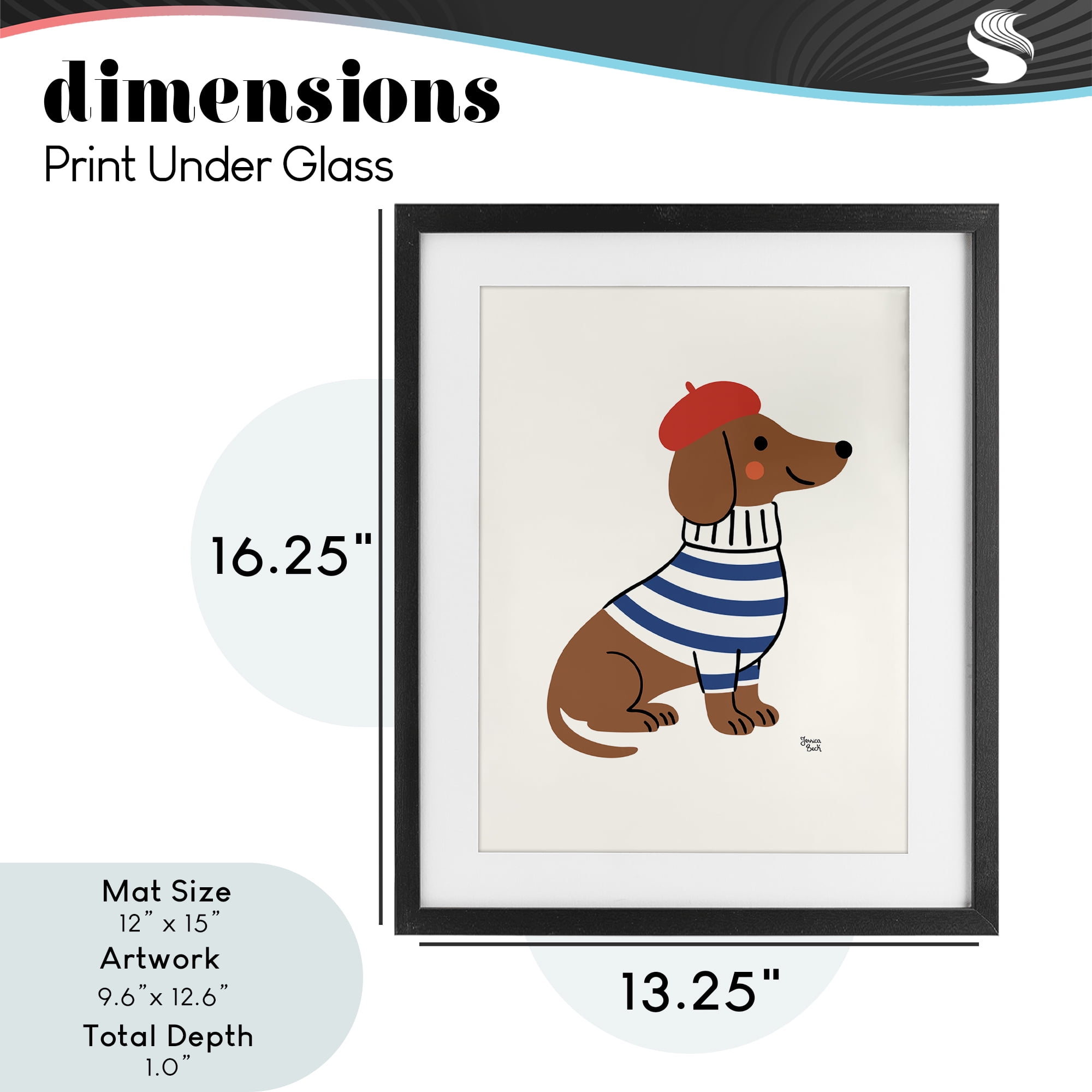 French Dachshund in Beret Black Framed Print Under Glass, design by Jessica Beck