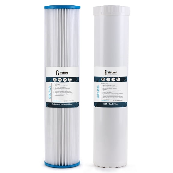 iFilters 20-Inch Whole House Sediment and GAC/KDF Replacement Filter for Dual Whole House Water Filtration - 4.5" x 20"