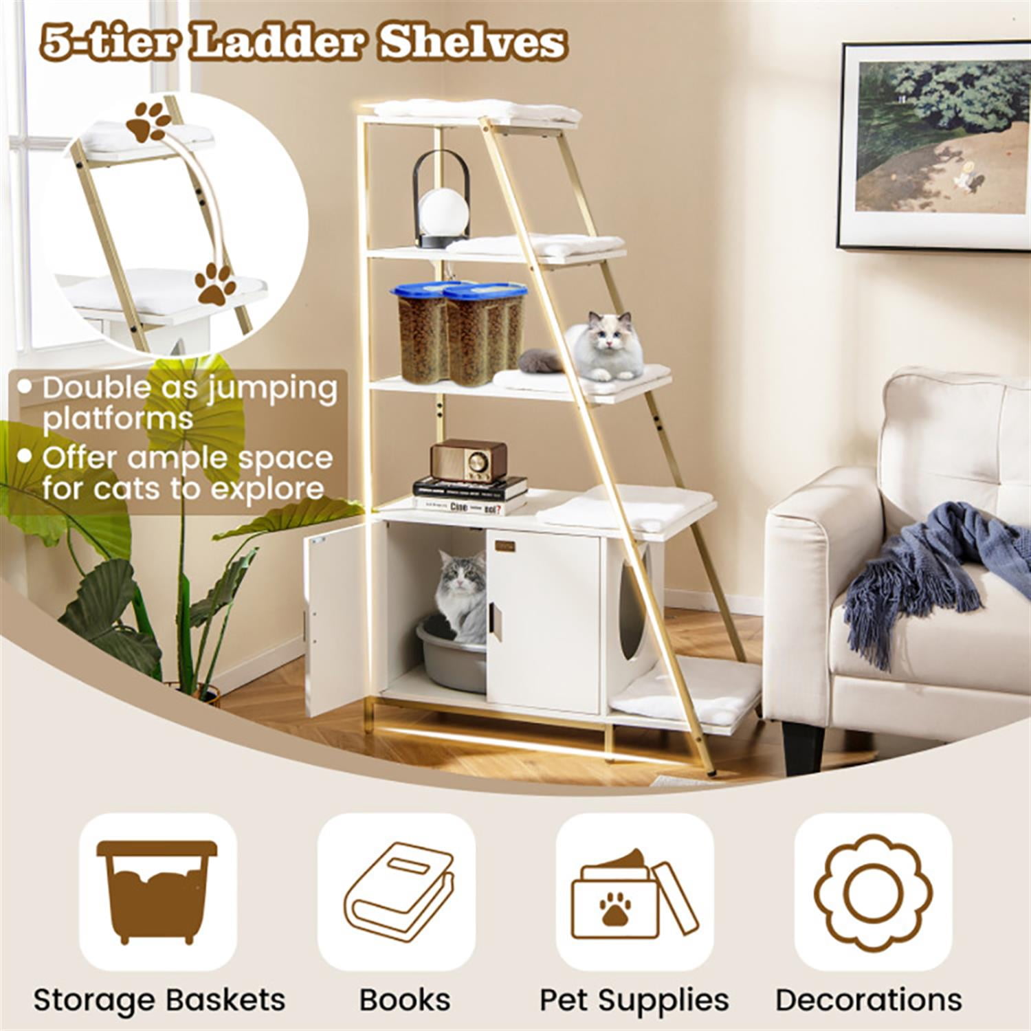 Kadyn Large Cat Litter Box Enclosure with Storage and Ladder Shelf, Hidden Litter Box for Cats, Cat House Furniture for Side Table or Nightstand, White
