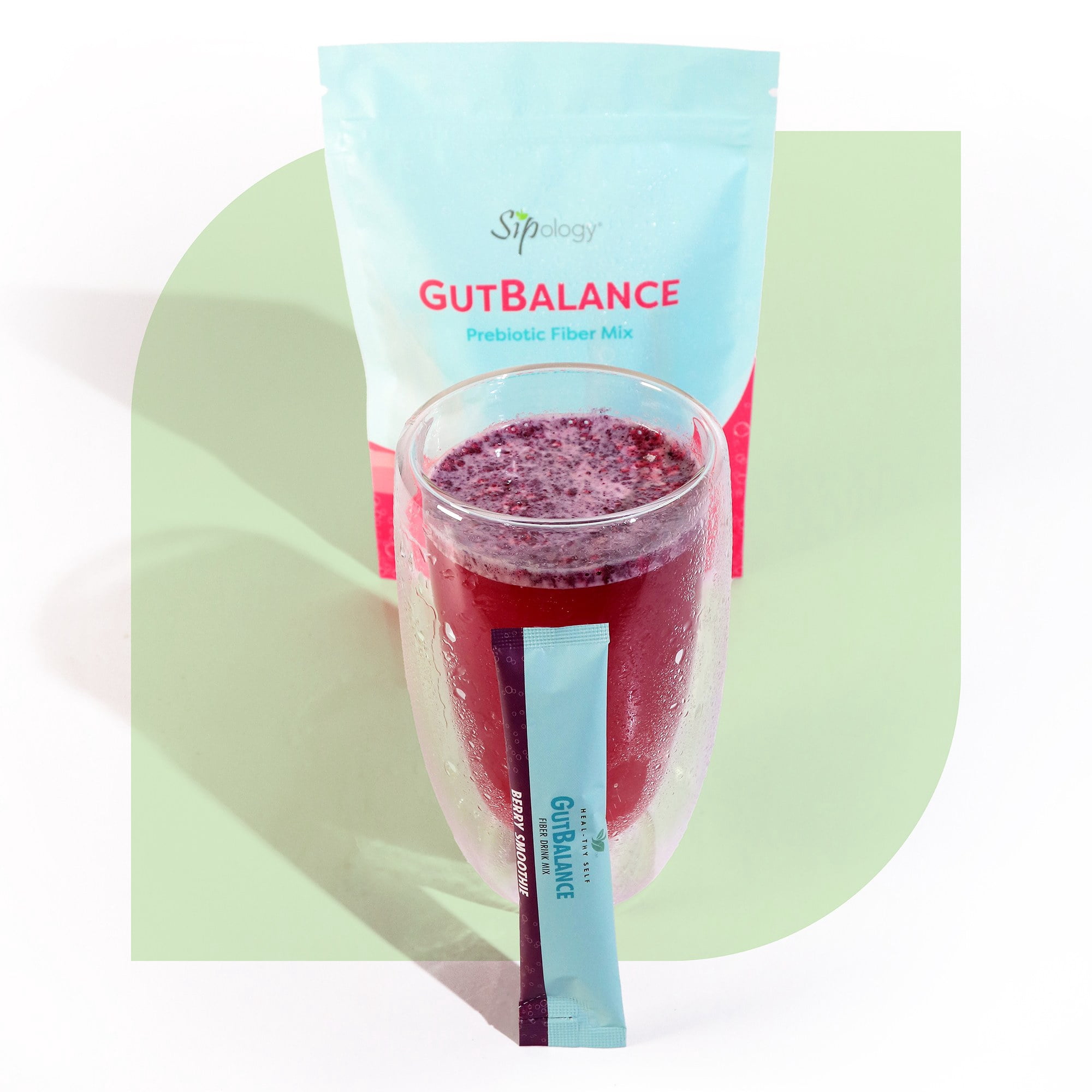 Sipology: GutBalance - Berry Smoothie - 12 Stick Pack - Prebiotic Fiber Mix, Powder Drink, Promote Digestive Health, Organic Stevia, Plant Based-Vegan