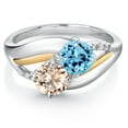 thumbnail image 2 of Gem Stone King 925 Sterling Silver and 10K Yellow Gold Peach Morganite Swiss Blue Topaz and Lab Grown Diamond 2 Stone Engagement Ring for Women (1.09 Cttw, Round, October Birthstone, Size 9), 2 of 4