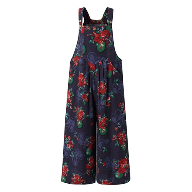 Txlixc Overol de Estilo Suelto para Mujer, Patrón Estampado Floral Sin Mangas Cuello Cuadrado Una Pieza, Azul Marino/Rojo Vino/Tostado/Gris Txlixc Estilo de ocio