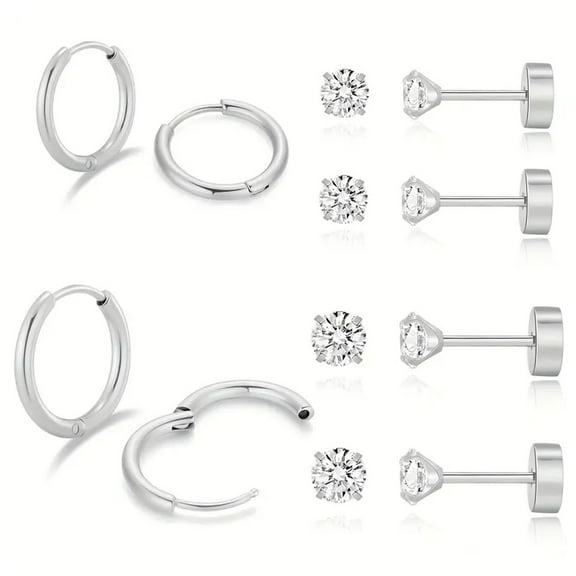Knubmt 6 Pairs 14K Plated Earring Set 316L Stainless Steel Hoop Earrings Lightweight Stud Earrings Flat Back Earrings for Women, Silver
