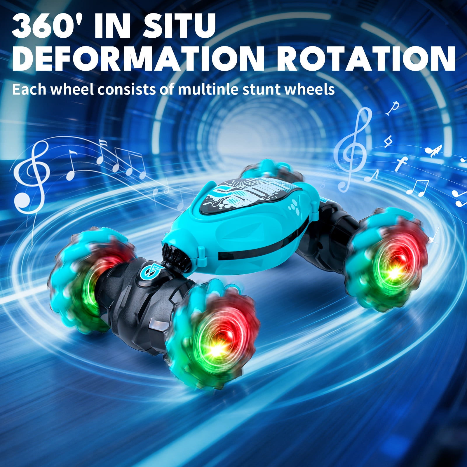Lvelia RC Stunt Car for Kids, Remote Control Car Double-Sided Driving Drift Twist Offroad 360°Rotation with Lights Music for Age 8-12 Boys Girls Birthday Gifts,Blue