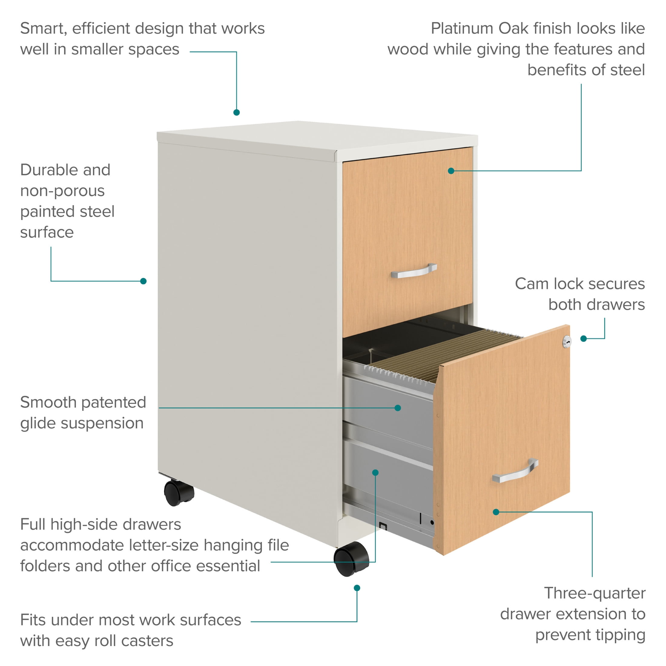 Space Solutions 18" Deep 2 Drawer Mobile File Cabinet with Wood Pattern Drawer Fronts, White/Platinum Oak