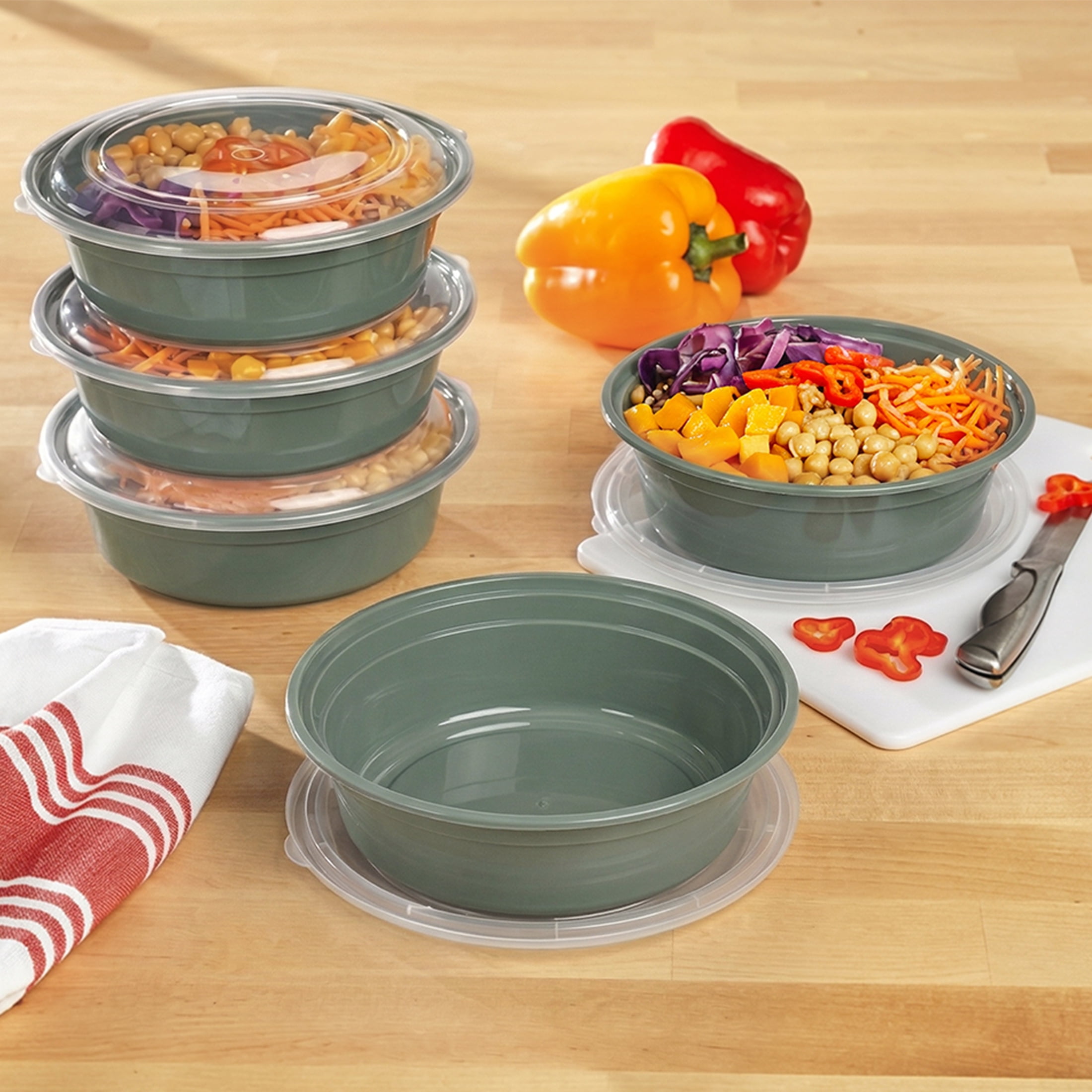 Mainstays 5-Pack Round Meal Prep Food Storage Containers, 1 L, BPA-Free Plastic, Green Sage
