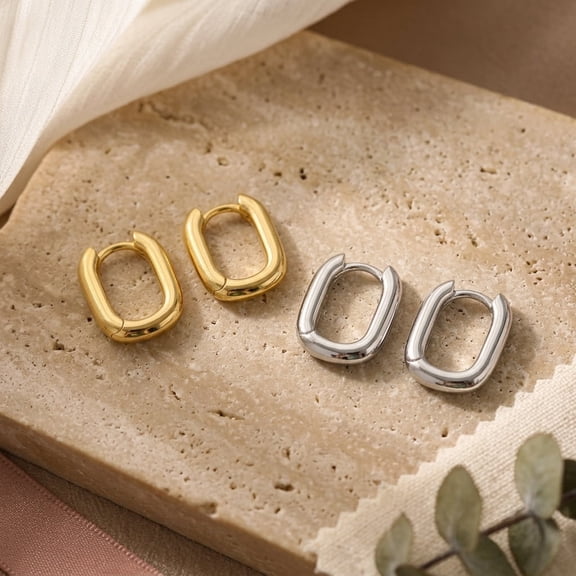 Small Gold Rectangle Hoop Earrings for Women, Minimalist U Shape Trendy Oval Hoop Earrings