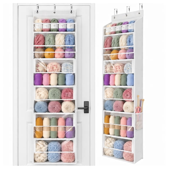 Aokeyee Hanging Yarn Storage Organizer,6 Zipper Closure Compartments,Large Capacity Knitting Organizer Storage,Over the Door Hanging Yarn Holder for Yarn,Knitting Needles,Crochet Hooks,White