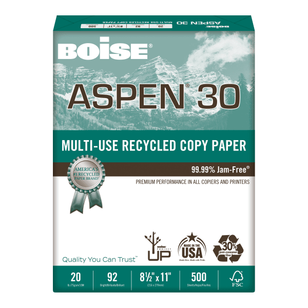 BOISE ASPEN 30 Recycled MultiUse Copy Paper, 8.5" x 11" Letter, 92