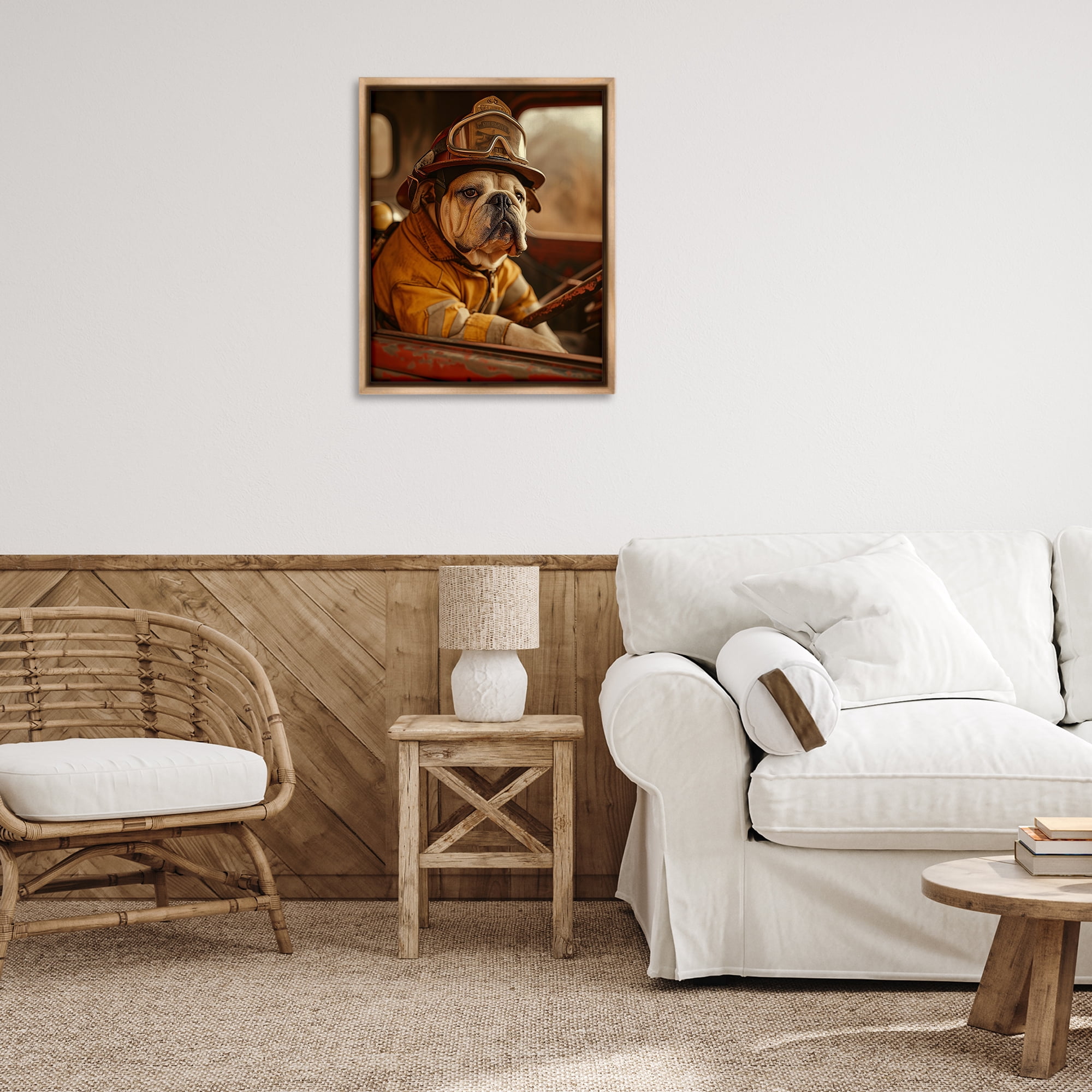 Stupell Industries Rustic Bulldog Fireman Novelty Painting Brown Floater Framed Canvas Art Print Wall Art, 25 x 31