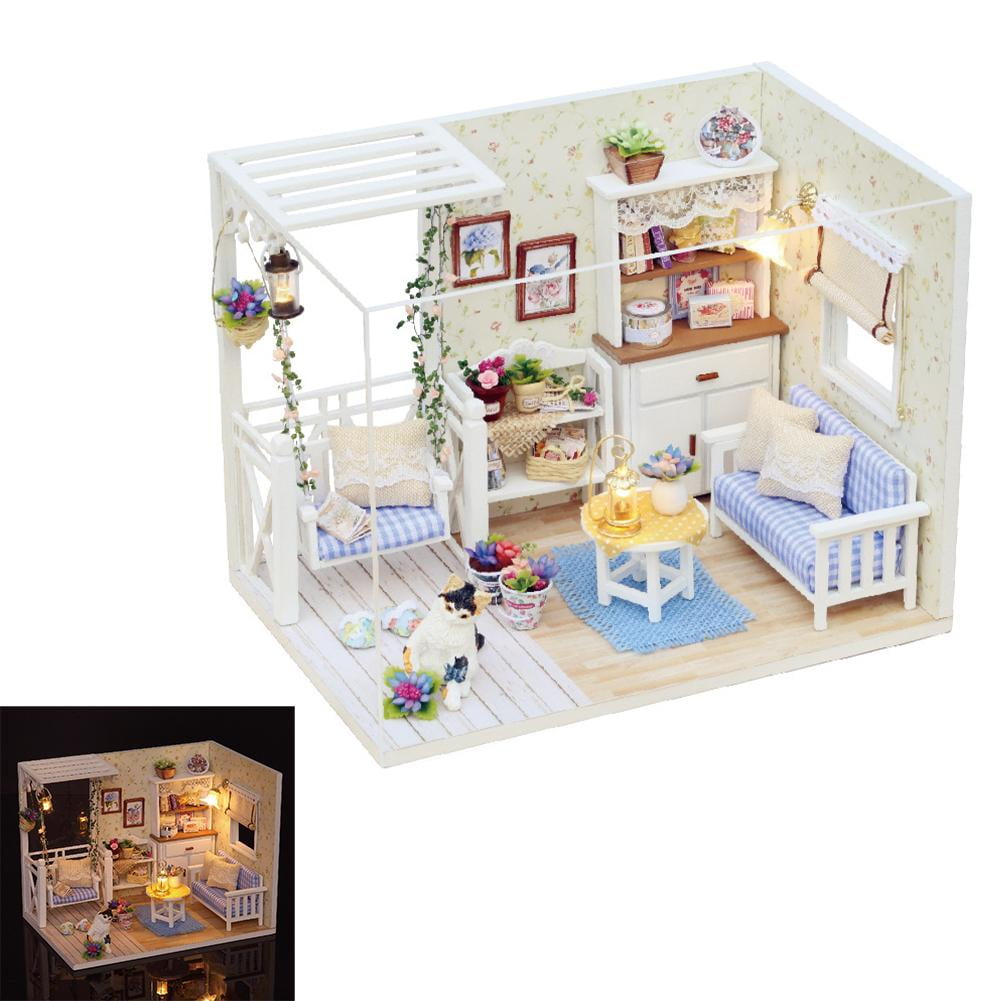 DIY Miniature House Kit Mini Doll House Model Tiny Home Build Diorama Craft Kit with LED Dust Cover for Beginners Christmas Halloween Holiday Birthday Gift for Adult(Cat Room)