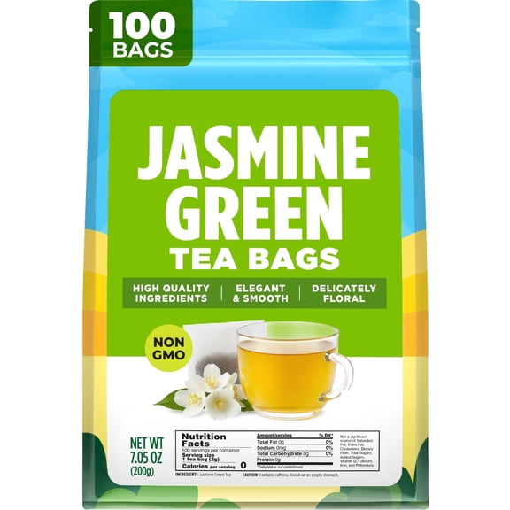 Gya Tea Co Jasmine Green Tea Bags (100 Bags) - Caffeinated Green Tea With Jasmine, Delicate, Floral & Sweet Aroma & Taste, Enjoy Hot Or Iced - Unsweetened, Pure Ingredients, Non-GMO