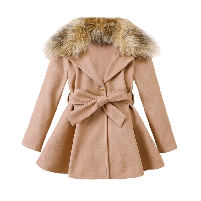 FAOWME Toddler Girls Winter Long Sleeve Warm Coat Jacket Clothes With Belt Outdoor Khaki 4-5 Years