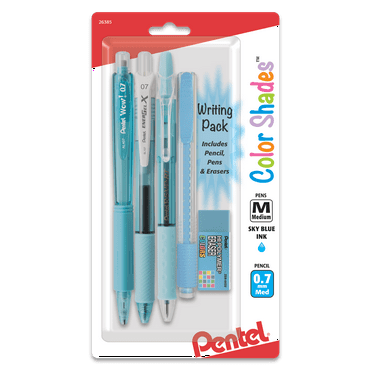 Pentel Color Shades 5-Piece Writing pack – Sky Blue Pens, Mechanical Pencil & Erasers for School or Office