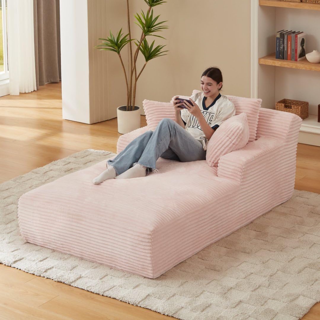 AENKYO 80" Oversized Corduroy Chaise Lounge, Fully Assembled, No Assembly Required, Pink