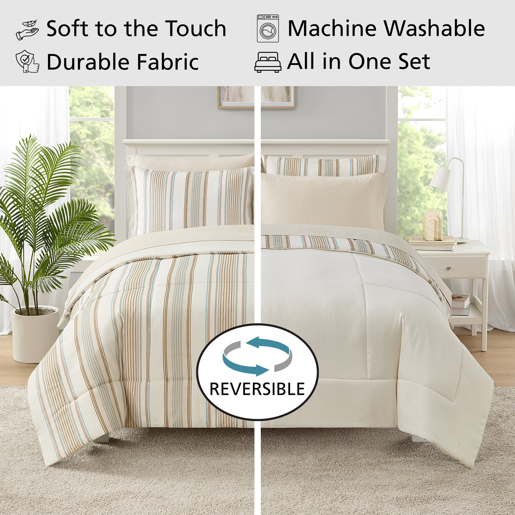 Mainstays All-In-One Reversible Comforter and Sheet Set - 7 Piece, King, Beige Stripe