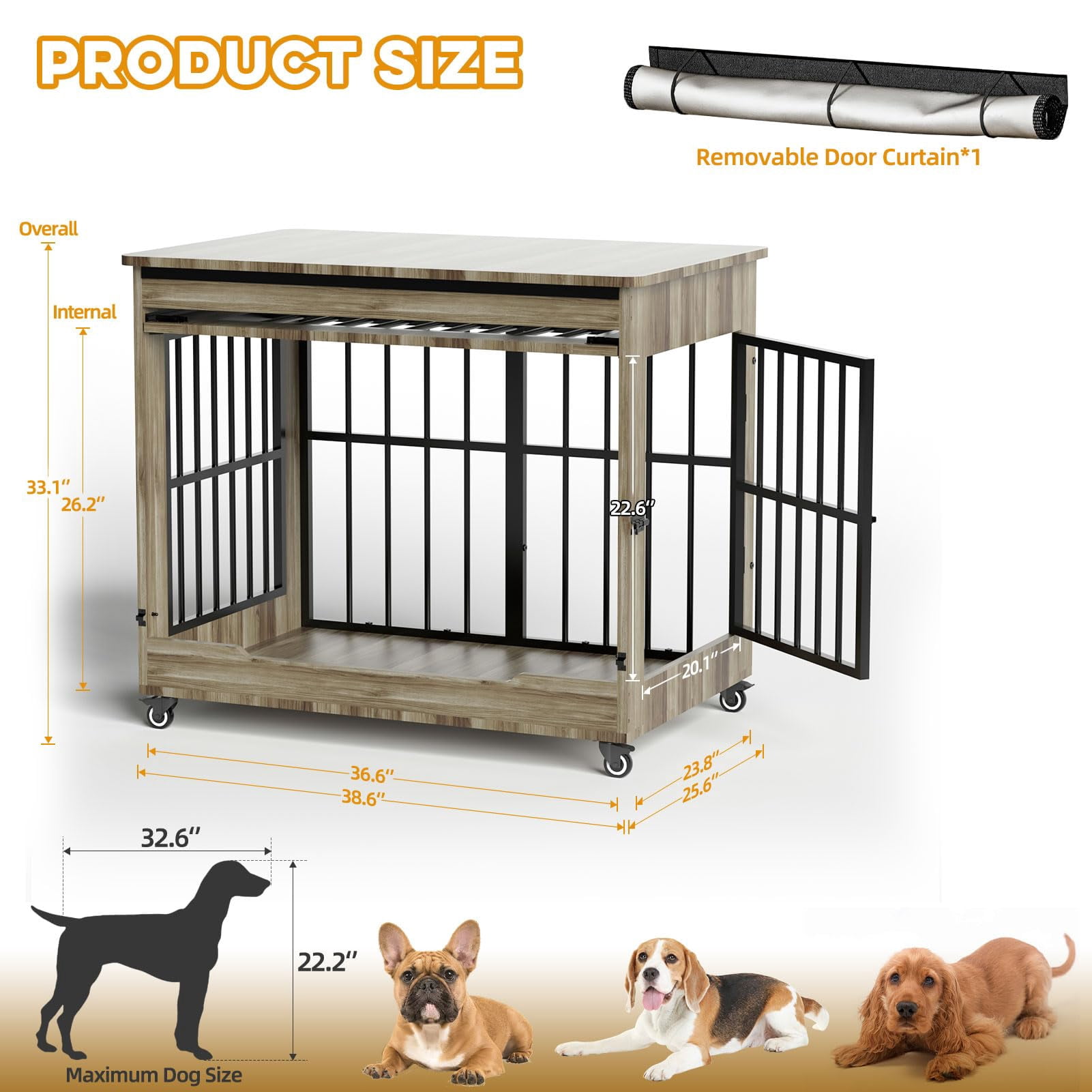 38" Dog Crate Furniture, Double Door Pet Cage End Table with Wheels for Medium and Large Breed Dogs