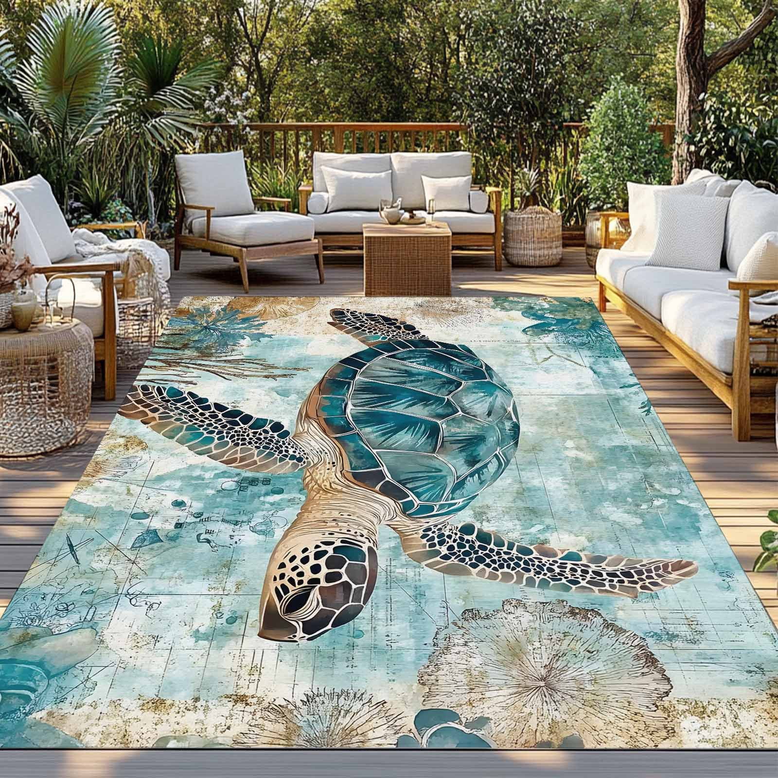 Fsddascl Teal Coastal Turtle Outdoor Rug for Patio/Deck/Porch, Non-Slip Large Area Rug 4 x 6 Ft, Vintage Watercolor Marine Life Indoor Outdoor Rugs Washable Area Rugs, Reversible Camping Rug Carpet