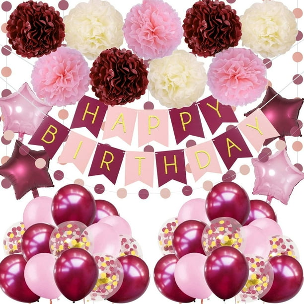 Burgundy Pink Birthday Decorations 45 Pieces Balloon kit with foil
