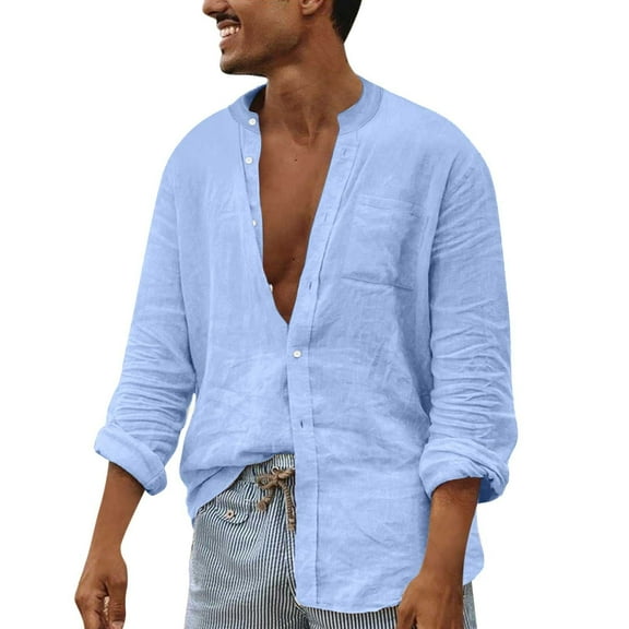 Zylarhe Men T Shirts Men's Fashion Autumn Winter Solid Color Stand Shirt Top Long Sleeve Cardigan Button Slim Fit Casual Shirt Top down Pajama