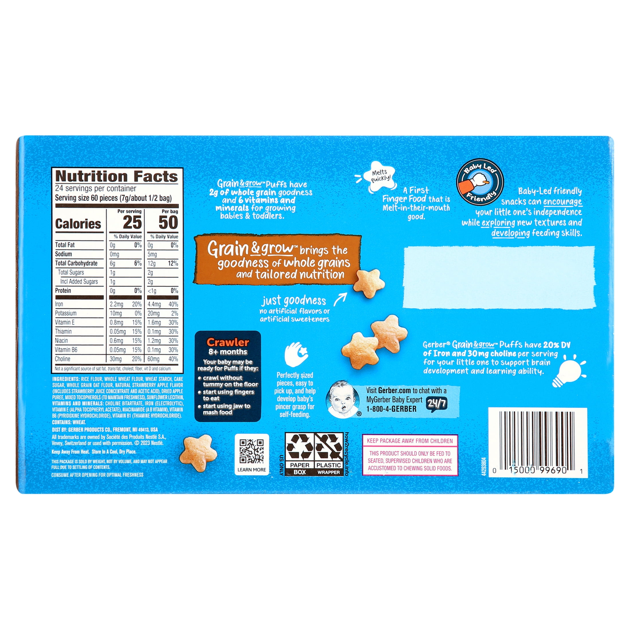(3 pack) GERBER SNACKS FOR BABY GRAIN AND GROW Puffs To Go Strawberry Apple 6oz 12pieces Individually Serve Packets
