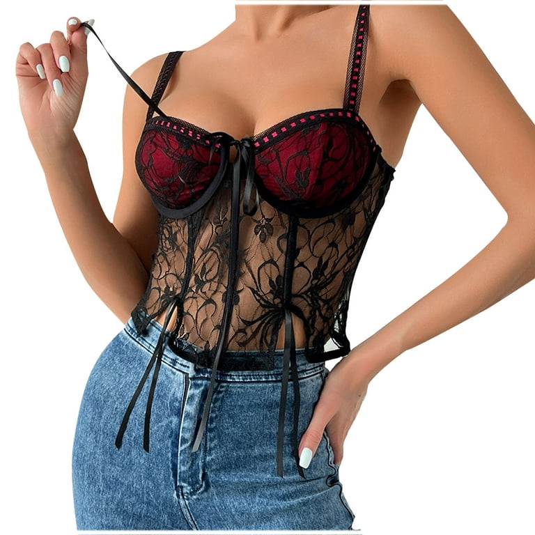 pbnbp Corset Tops for Women Big Bust Vintage Lace Patchwork Boned Bustier  Strappy Tie Front Underwire Going Out Crop Tops for Women Party Streetwear