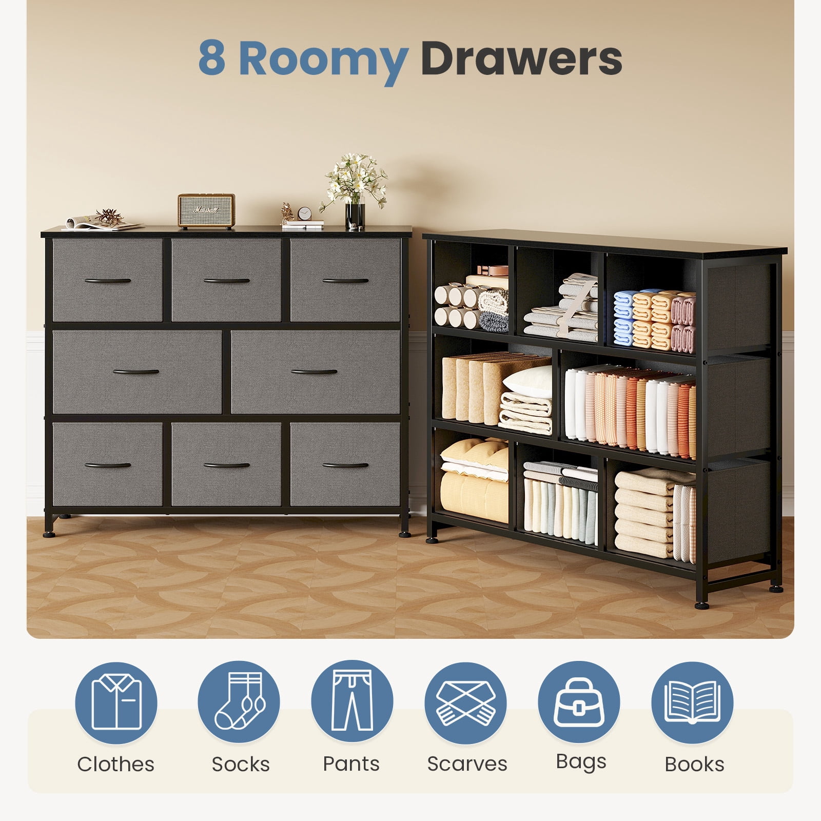 CONCETTA 8 Drawer Fabric Chest, Dresser for Bedroom, Wide Storage Tower for Closet, Living Room, Hallway, Gray