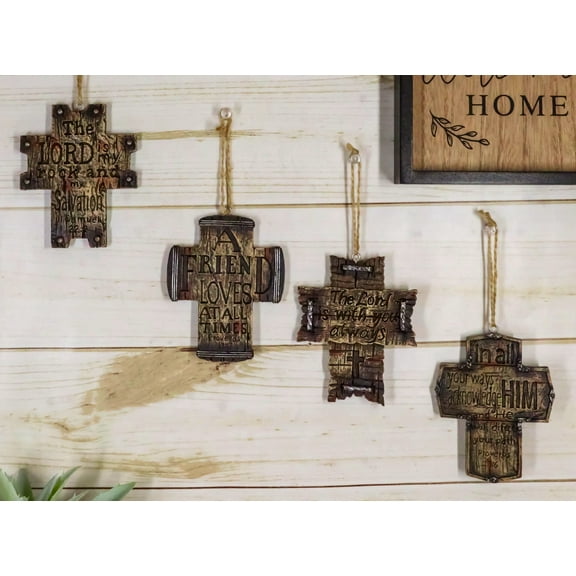Rustic Western Christian Bible Verses Crosses Set of 4 Christmas Tree Ornaments