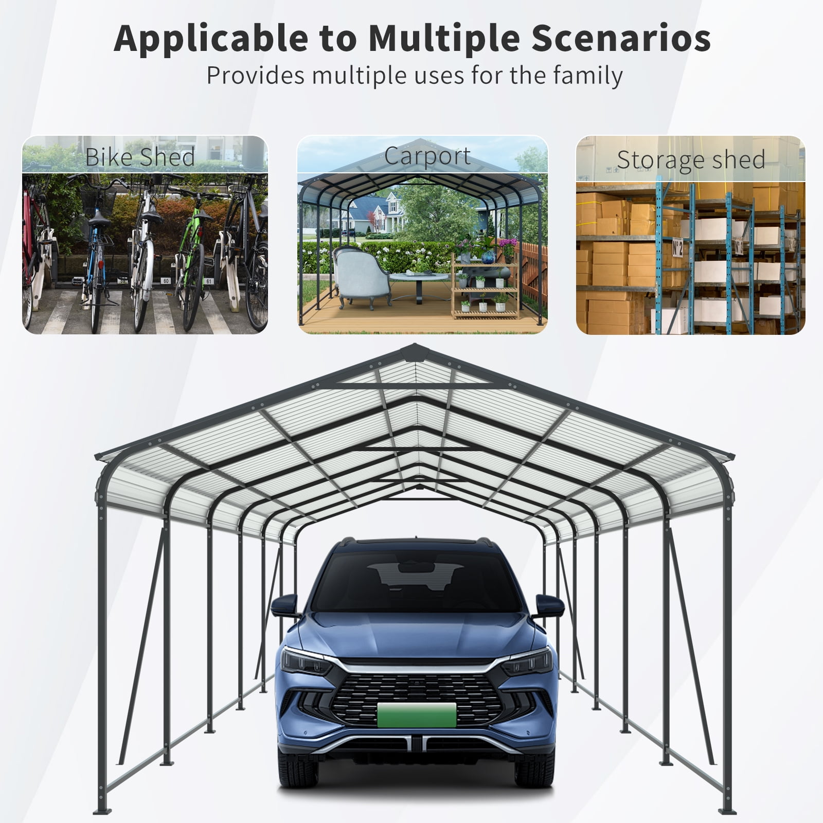 12 x 32 FT Heavy Duty Metal Carport – Galvanized Steel Carports Canopy & Frame, All-Weather Portable Car Garage Shelter for Car, Pickup Truck, RV, Boat, and Outdoor Storage (Charcoal)