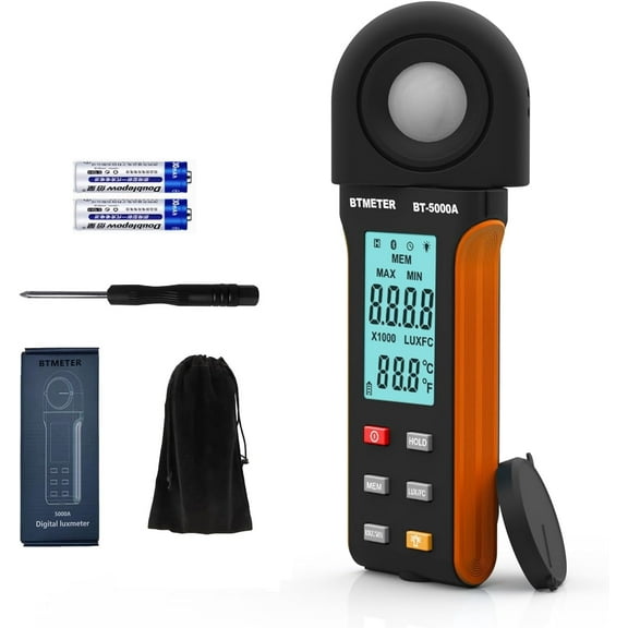 BTMETER Light Lux Meter Logger BT-5000A, Digital Lumen Tester Measure Lighting Level Intensity 0.1~400,000 Lux(0.1~40,000 FC) Foot Candle Luxometer with Data Logging for Plant Grow Aquarium
