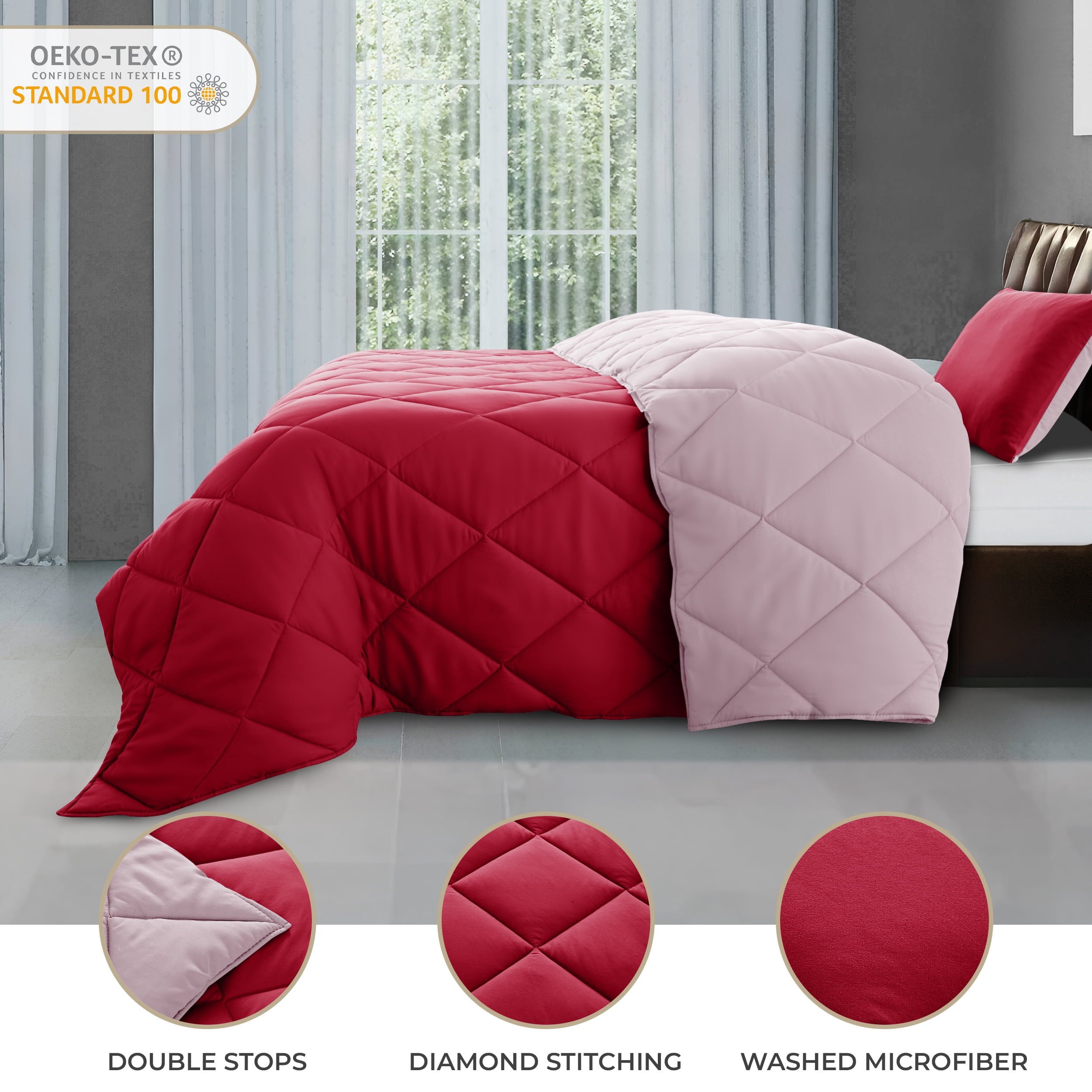 Lux Decor All-Season Comforter Sets Twin 2 PC, Reversible Bedding Set with Diamond Quilted Design Comforter and 1 Pillow Sham, Lightweight & Cozy Set de Cama Burgundy/Pink