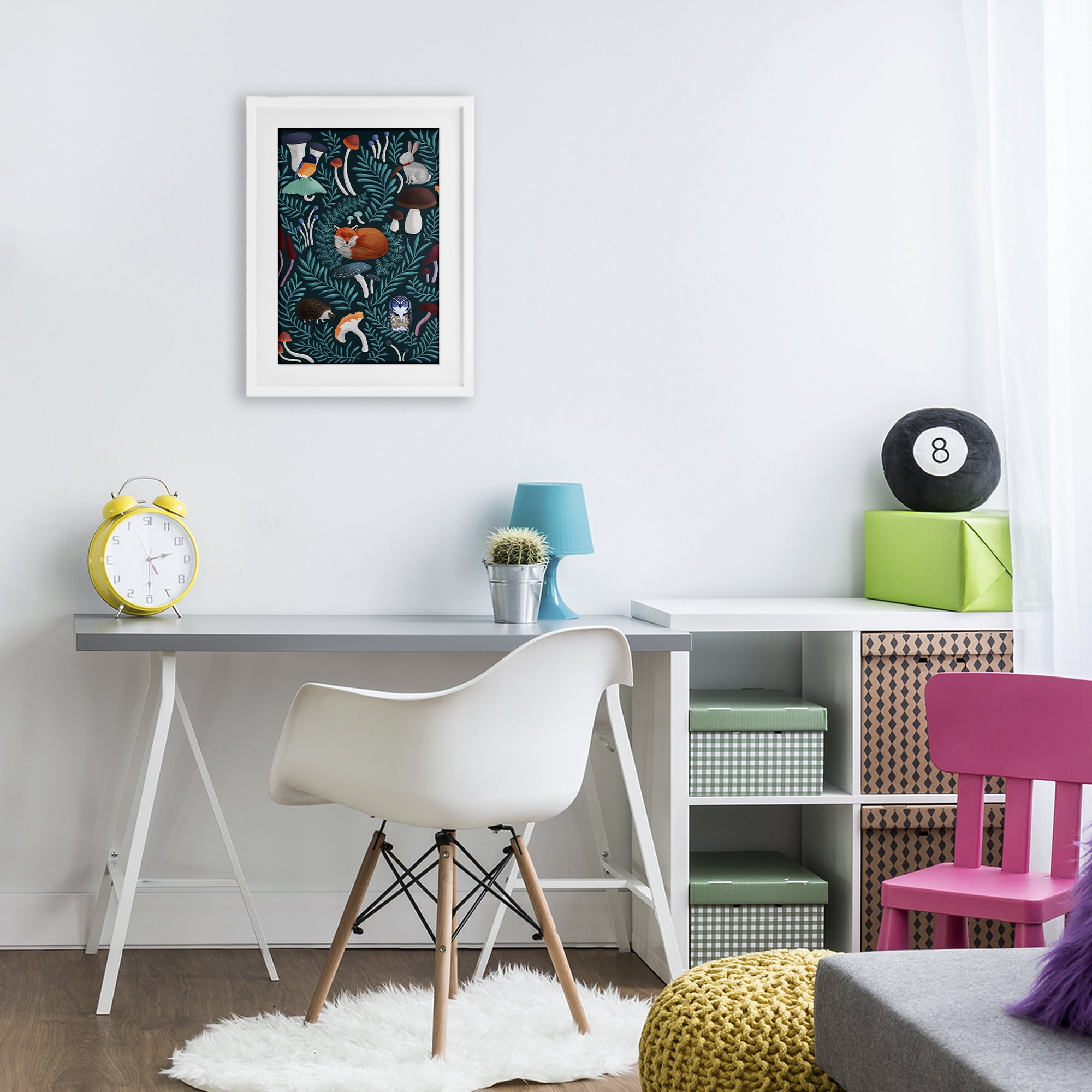 Woodland Animals & Botanical Sprigs White Framed Print Under Glass, design by Metka Hiti