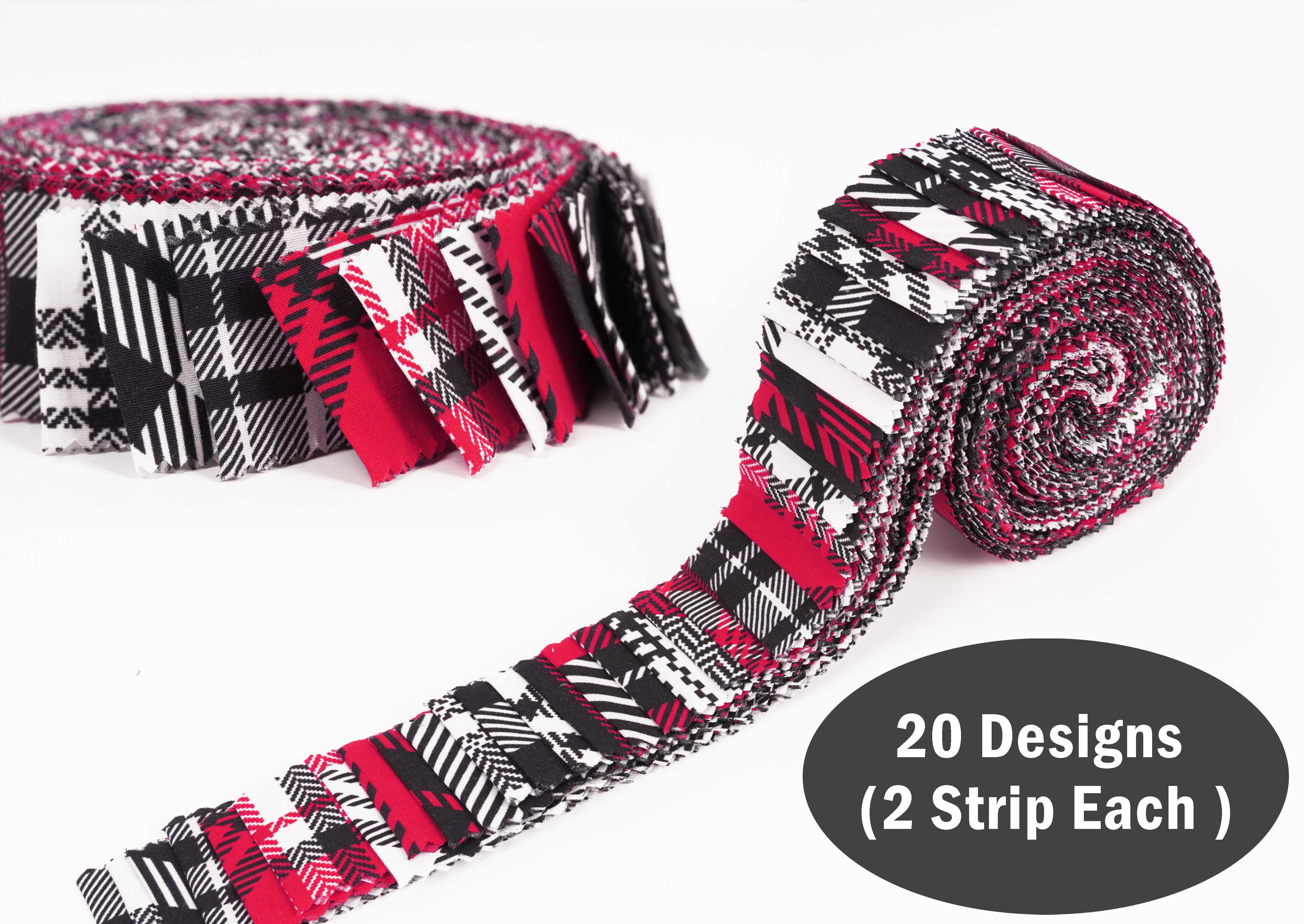 Soimoi 40Pcs Check & Tartan Print Precut Fabrics Strips Roll Up 1.5x42inches Cotton Jelly Rolls For Quilting - Magenta & Black