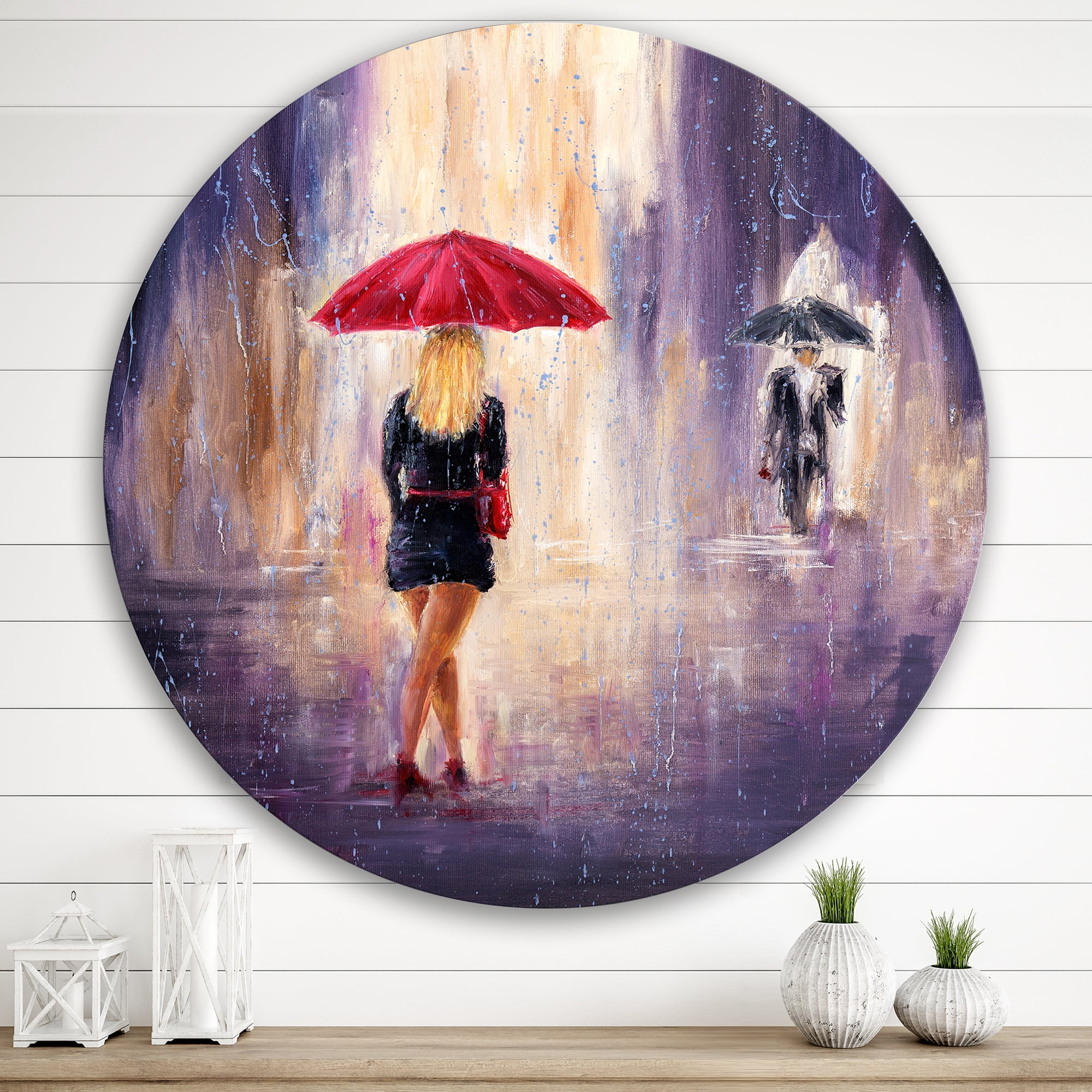 Designart 'The Girl With The Umbrella Walking In The Rain II' French Country Circle Metal Wall Art 29x29 - Disc of 29