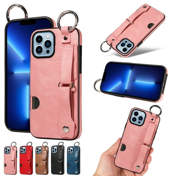 TECH CIRCLE Case for iPhone 15 Pro Max (6.7") 2023 - Lightweight Leather Phone Case with Stand & Card Holder & Buckle & Hand Strap, Protective Functional Cover, Pink