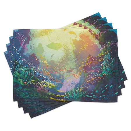 

Sea Animals Placemats Set of 4 Underwater with Coral Reef and Colorful Fish Aquarium Artistic Print Washable Fabric Place Mats for Dining Room Kitchen Table Decor Turquoise Yellow Pink by Ambesonne