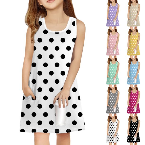 Girls Summer Sundress Sleeveless Polka Dot Casual Dress with Pockets Perfect for Summer Parties and Playtime ,Sie:160