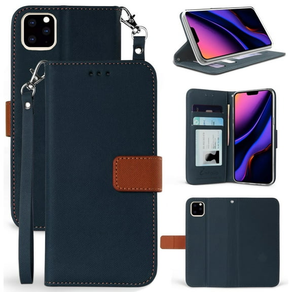Case for iPhone 11 Pro, [Navy Blue/Brown] Infolio Wallet Credit Card Slot ID Cover, View Stand [Magnetic Closure, Wrist Strap Lanyard] for Apple iPhone 11 Pro (2019, 5.8" Model)