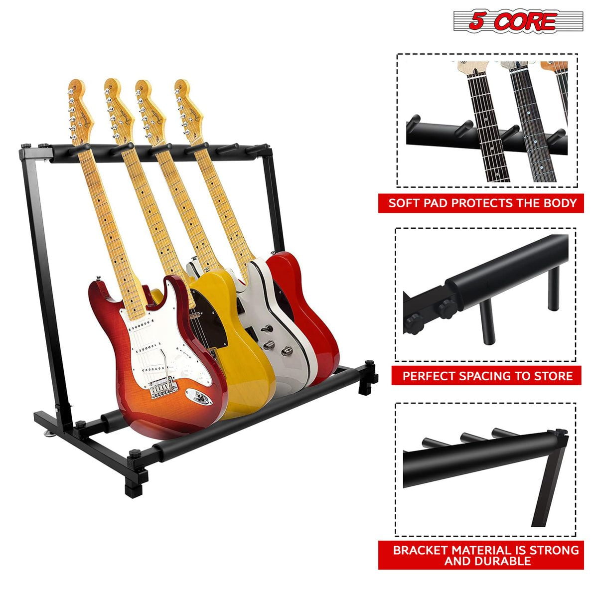 Guitar Rack 5 Slot Multi Guitar Stand Five Display Floor Stand Safe Storage Foldable Portable for Electric Acoustic Flying V Guitars - GRack 5N1