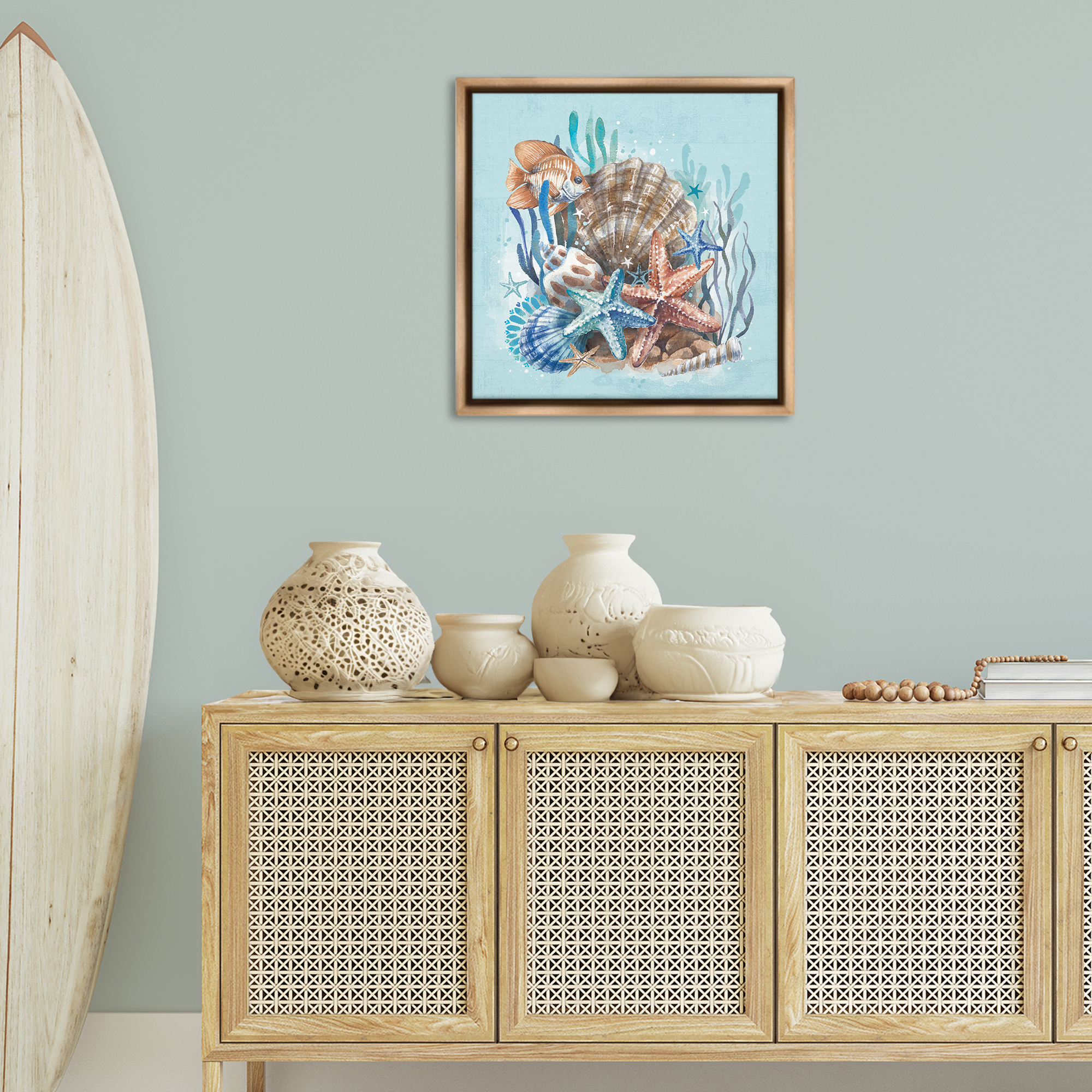 Stupell Industries Seashell Still Life Coastal Painting Brown Floater Framed Canvas Art Print Wall Art, 25 x 25
