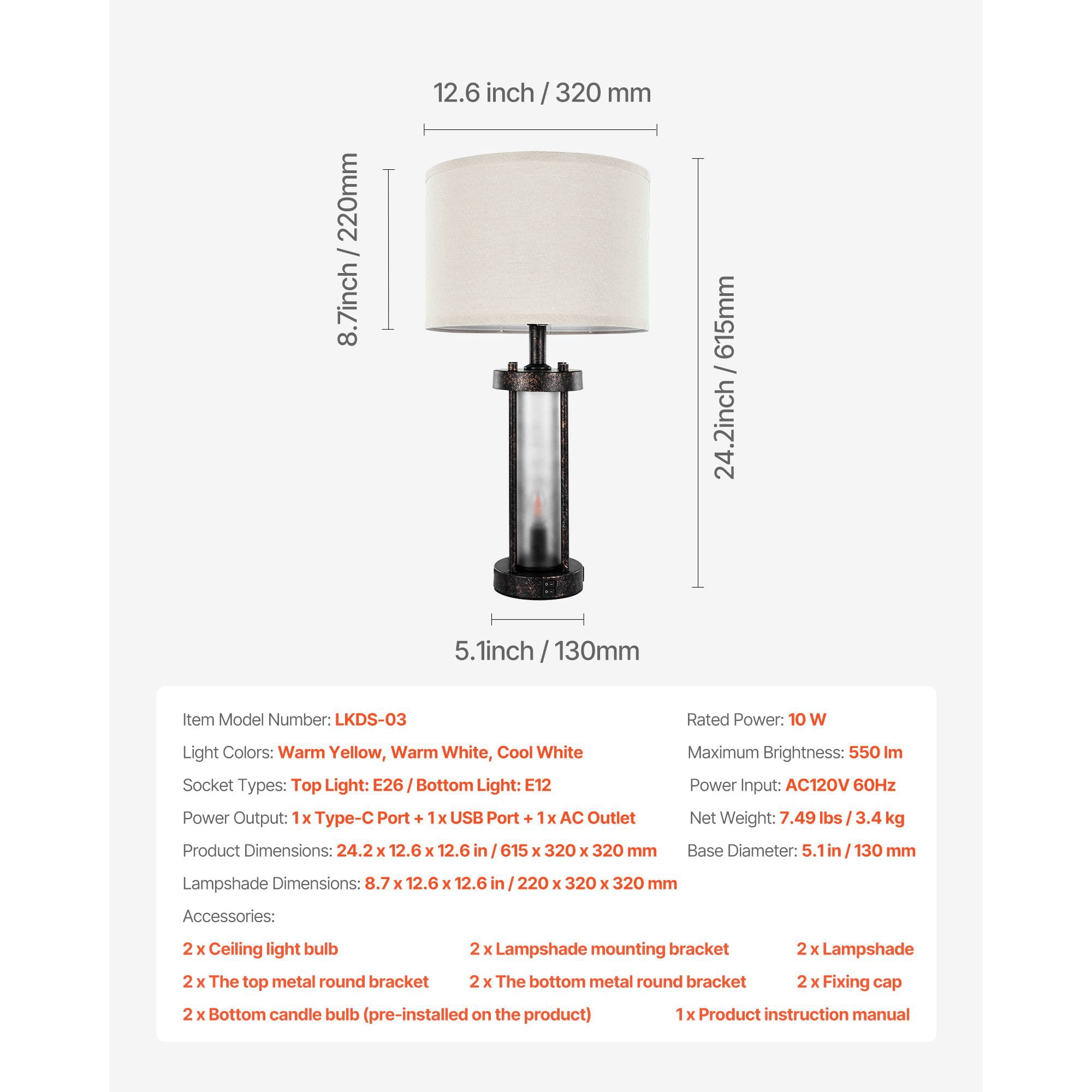 Vintage Table Lamp with Dual Light Sources, USB-A, USB-C & AC Charging Ports, Dimmable, for Bedroom Living Room