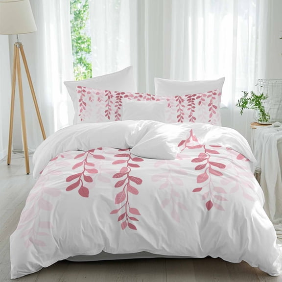 3 Piece Pink Ombre Botanical Duvet Cover Set Full Size,Microfiber Comforter/Quilt Cover with Corner Ties and 2 Pillowcases,Watercolor Country Pastoral Leaf All Season Soft Bedding with Zipper Closure