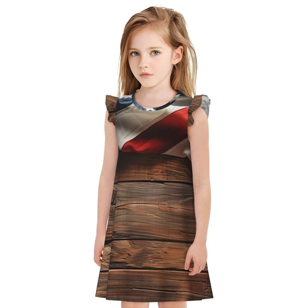 Fotbe Rustic American Flag Wood Vestido de Dormir para Niñas de 3 a 10 Años, Mangas Cortas, Estilo Princesa, Pijama Camisón con Mangas Voladas-X-Large