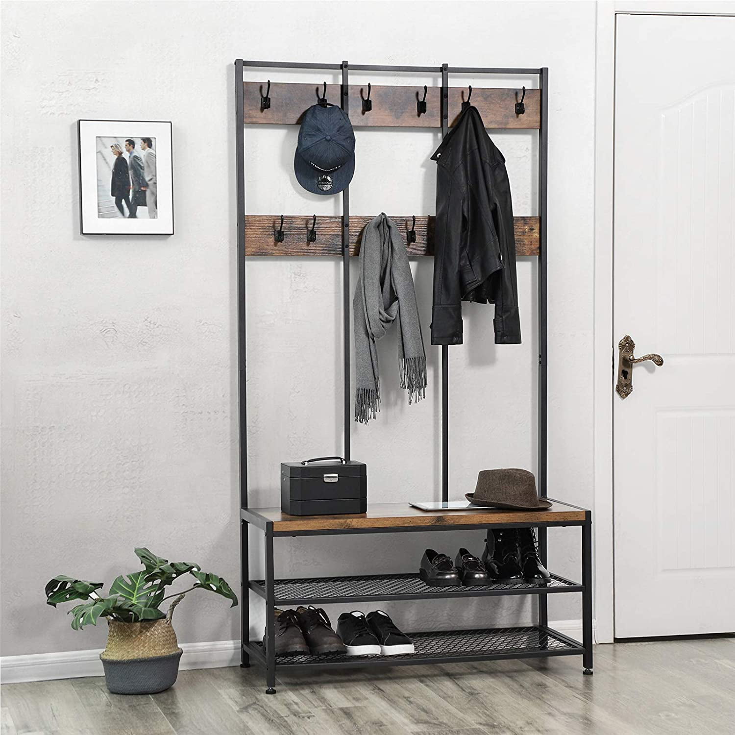 Bedroom Greige and Black HSR086B02 VASAGLE Large Coat Rack Stand Office Coat Tree with 12 Hooks and Shoe Bench in Industrial Design Hall Tree Multifunctional Hallway Shelf 