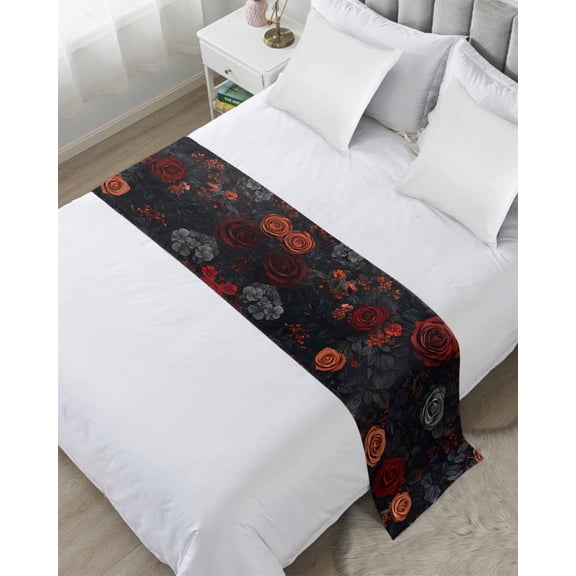 Xipuska Red Orange Roses Bed Runners for Queen Size Bed, Decorative Bed Throws for Foot of Bed, Elegant Romantic Flowers Pastoral Bed Runner Sofa Throw Bedding Scarf Protector Slipcover for Bedroom