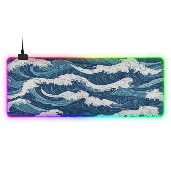 Large RGB Gaming Mouse Pad Led Glowing Mousepad Non-Slip Rubber Base 13 Light Modes 31.5x11.8 Japanese Style Waves