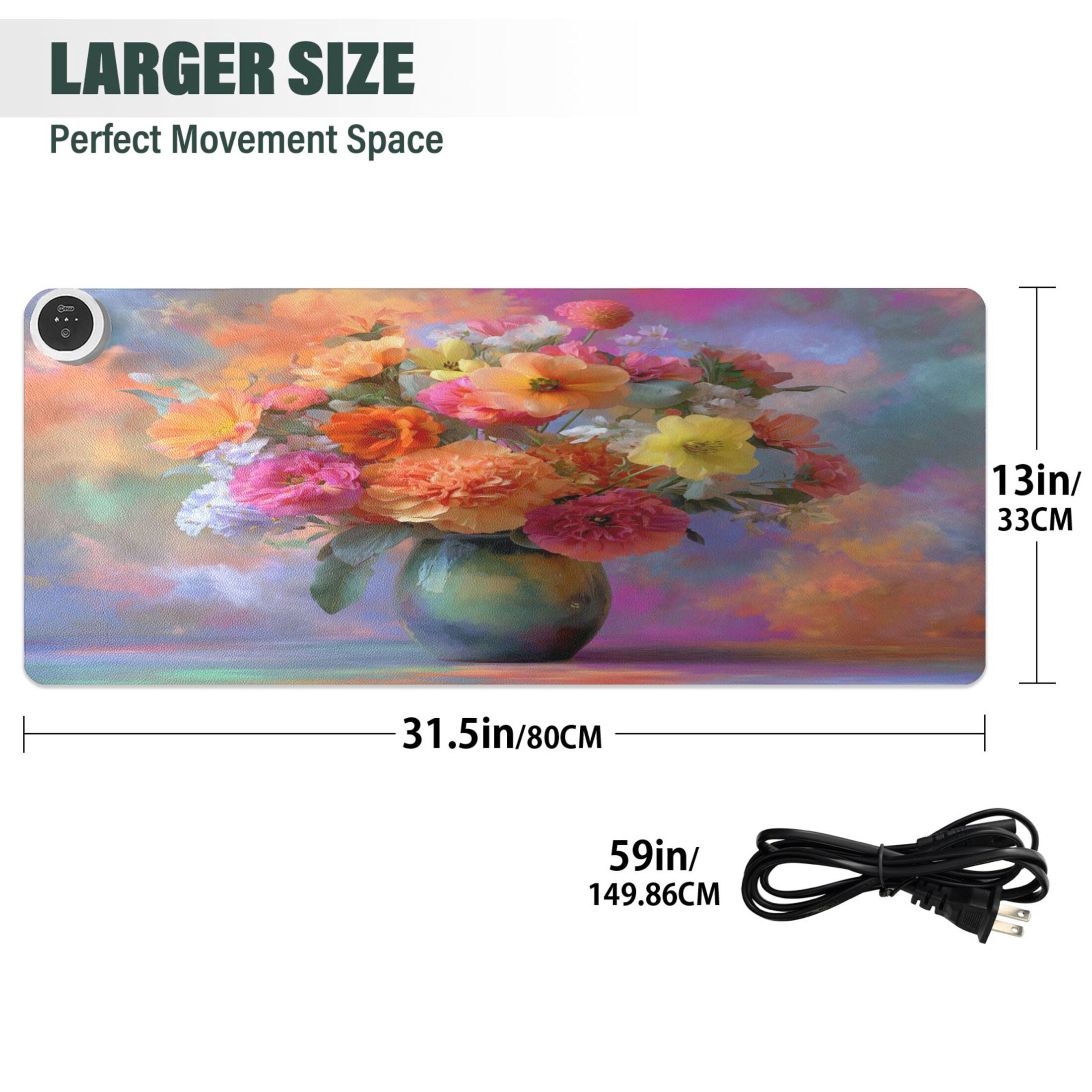Large Heated Desk Mat Mouse Pad 31.5"x13"PU Leather Graphene Heating Desk Warmer with 3 Temperature Settings 110V US Plug Non-Slip Warm Pad for Home, Office, and Gaming Vivid Flowers in A Vase