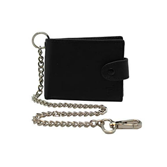 Bi-fold Chain Wallet for Men 18'inch Biker Chain RFID Safe Leather Snap Tap Closer